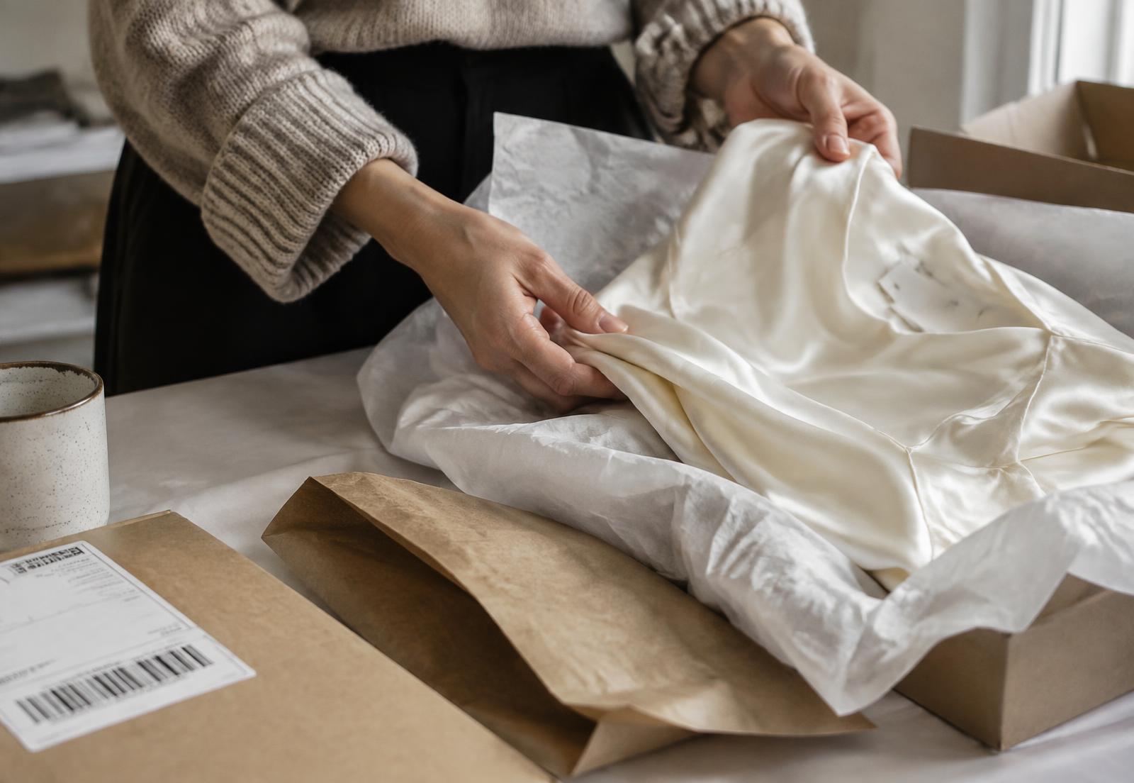 Hands folding a silk garment into premium packaging beside a barcode label