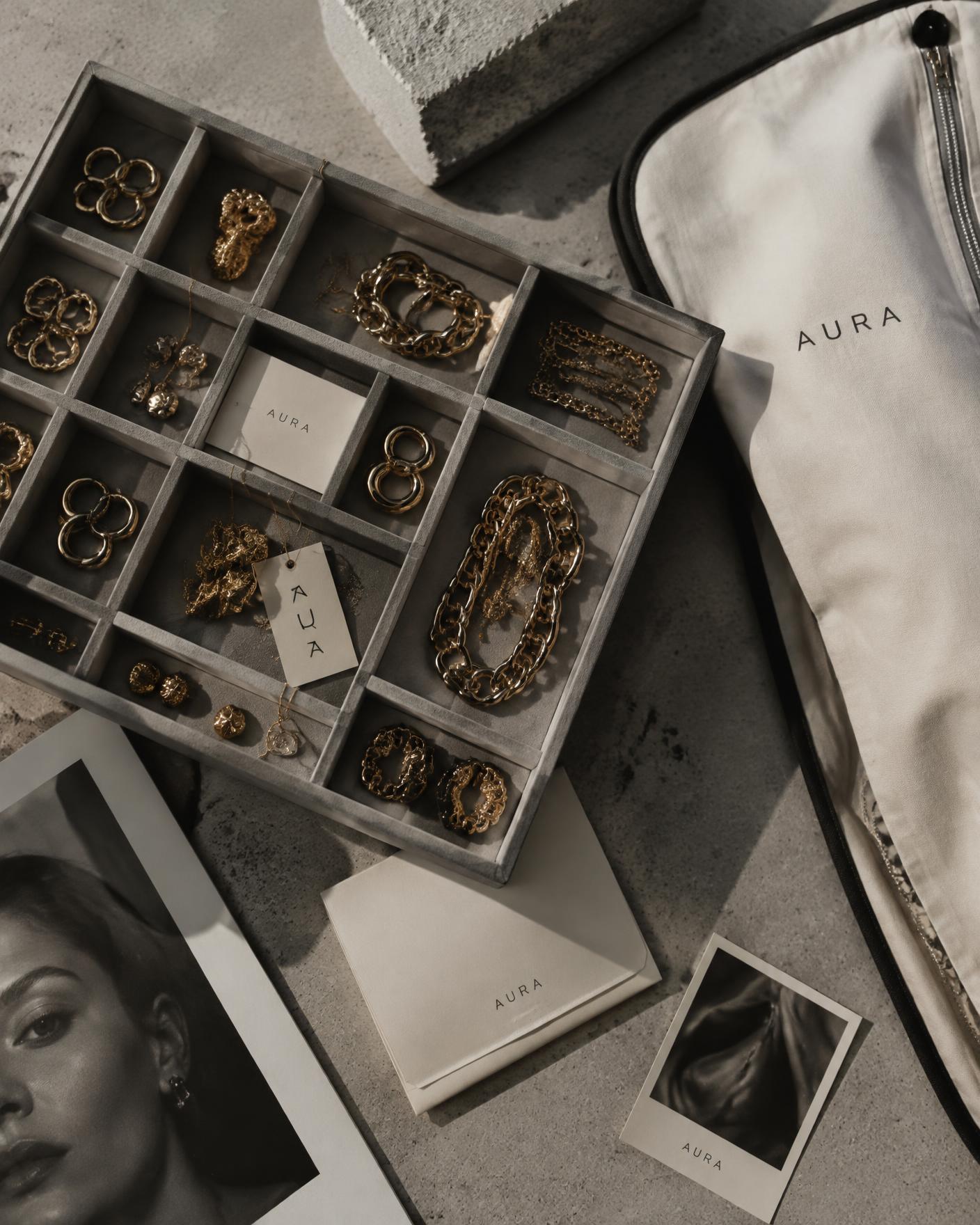 Jewellery tray organised into labelled compartments beside a garment bag